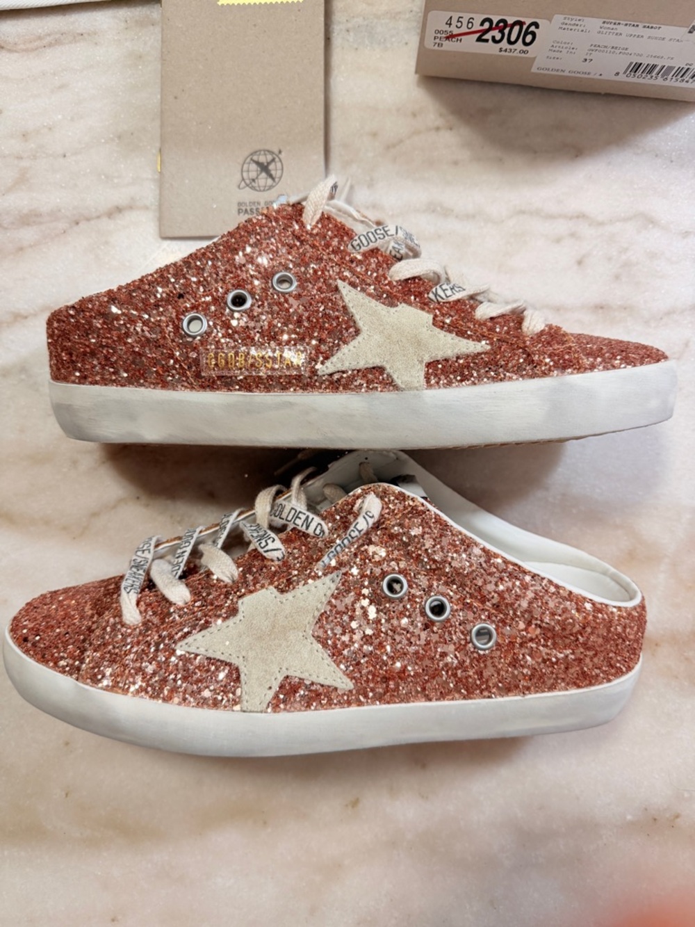 Brand New Golden Goose Peach Glitter Super-Star Sabot Sneakers - Picture 2 of 8